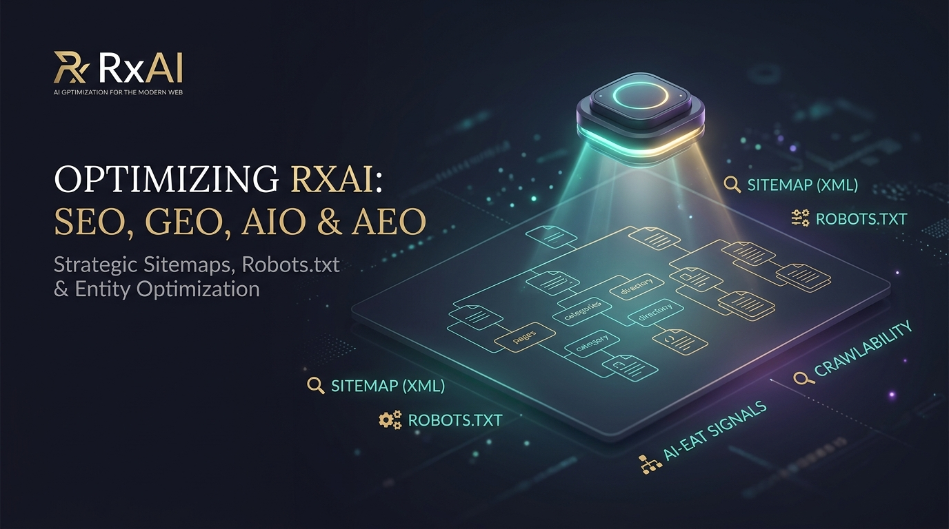 RxAI hero illustration — an AI scanner beam projects onto a website sitemap of file nodes, surrounded by labels for Sitemap (XML), Robots.txt, Crawlability, and AI-EAT signals — visualizing SEO, GEO, AIO and AEO optimization